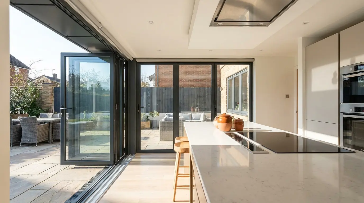 bi fold windows opened wide between kitchen and patio for indoor outdoor living