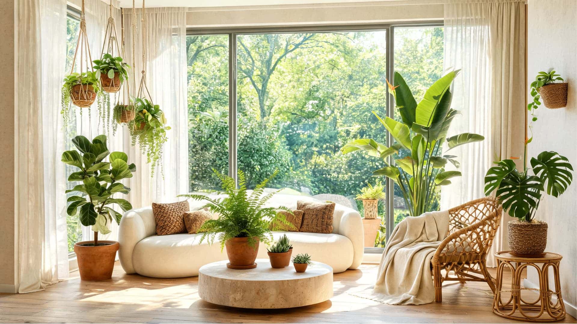 biophilic living room with lush plants, large windows, rattan chair, natural light, and garden views