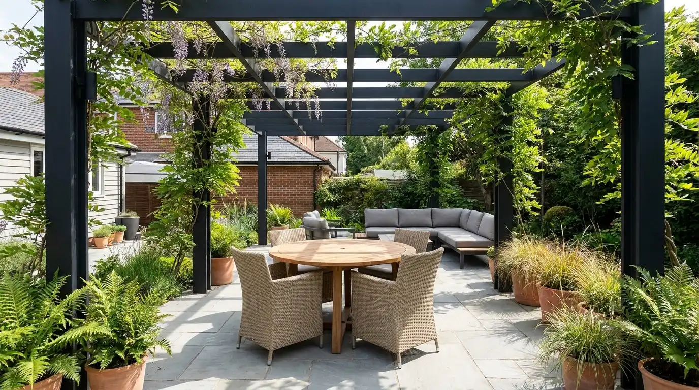 black-framed pergola with climbing vines above modern outdoor dining and neutral patio furniture outside