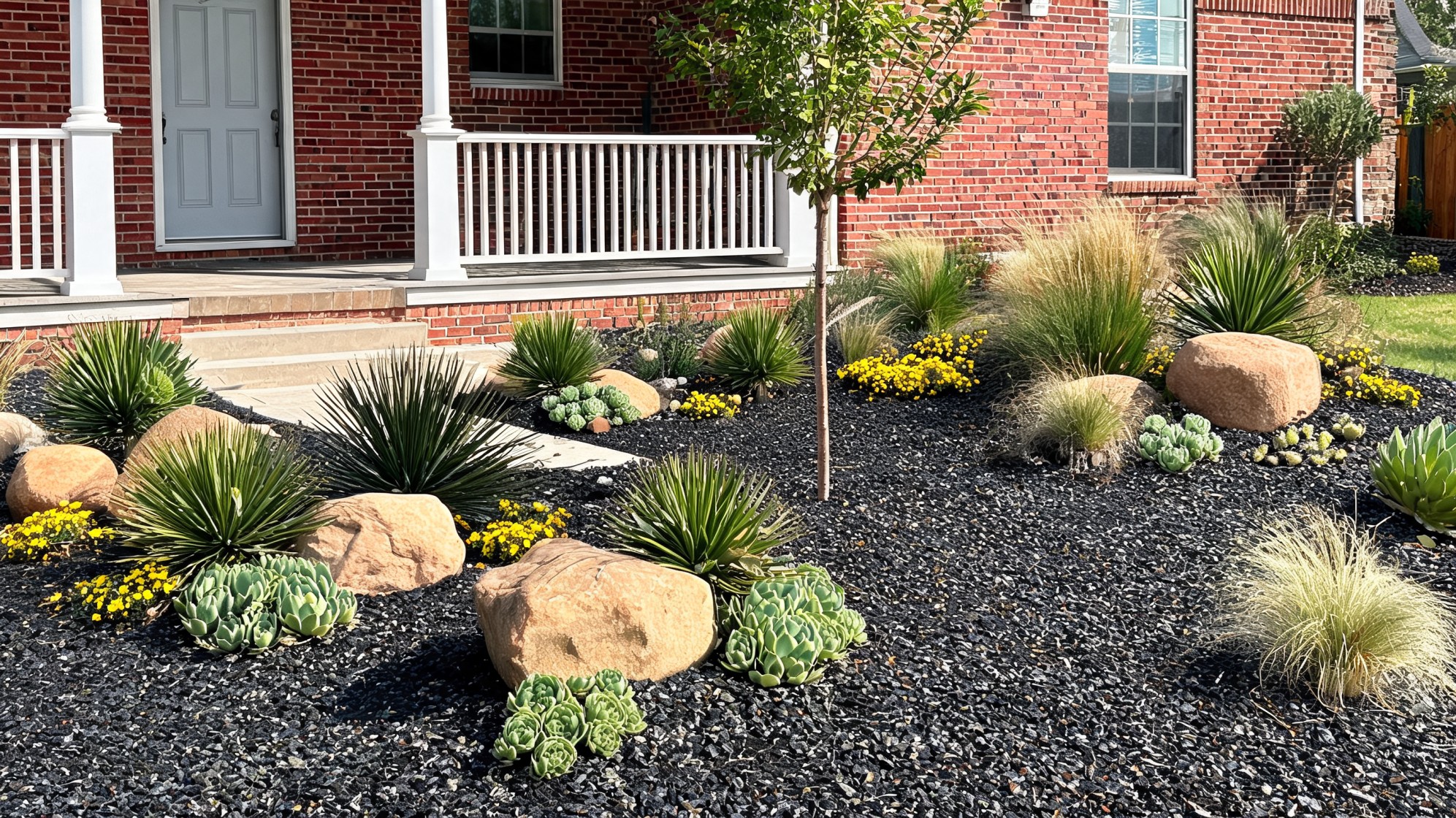 front lawn ideas with black gravel boulders succulents grasses and a modern low maintenance entry bed