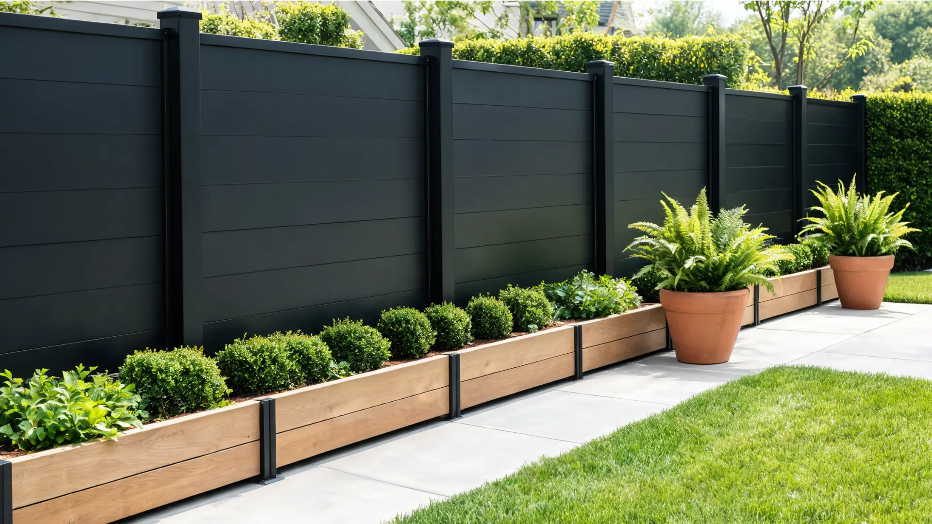 black metal privacy fence with modern panels, clean lines, and greenery in a sleek backyard setting