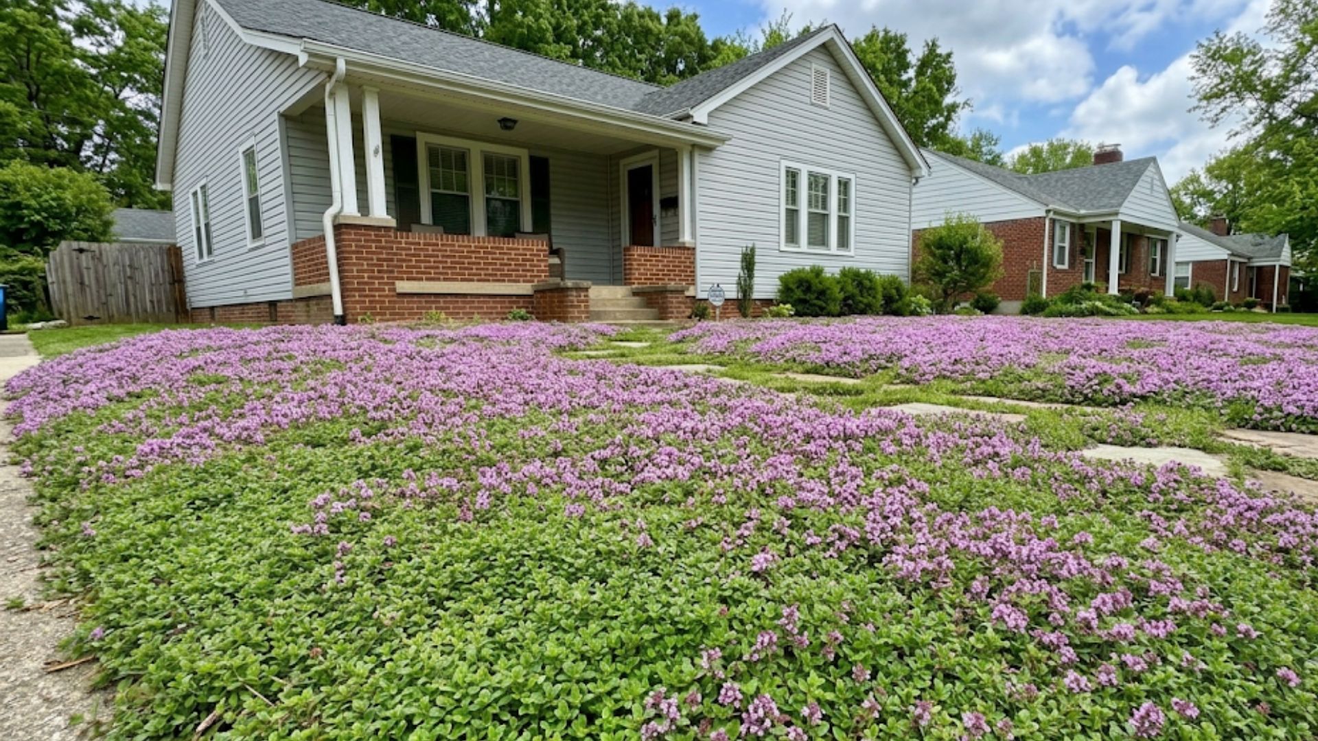 blooming creeping thyme ground cover replaces the lawn in front of a charming suburban house with light gray siding