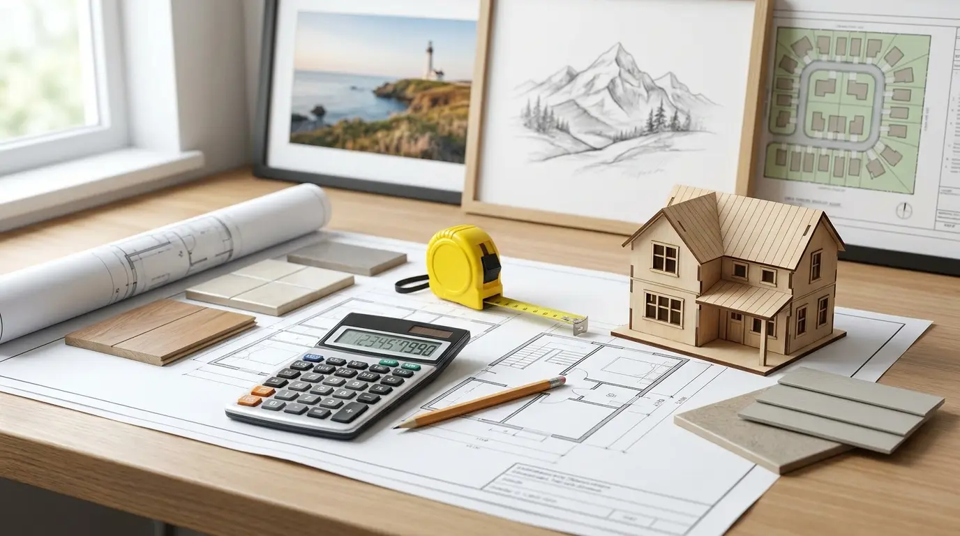 blueprints calculator and material samples showing cost per square foot to build a house