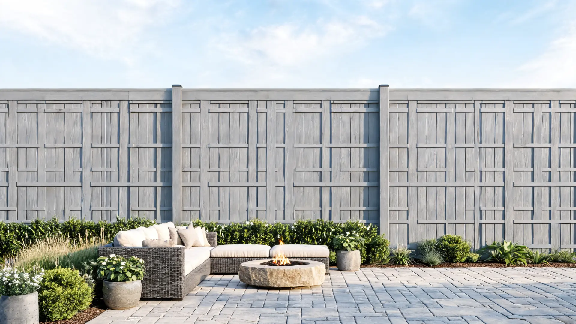 board-and-batten fence wall in a neutral backyard patio with strong privacy and polished outdoor style