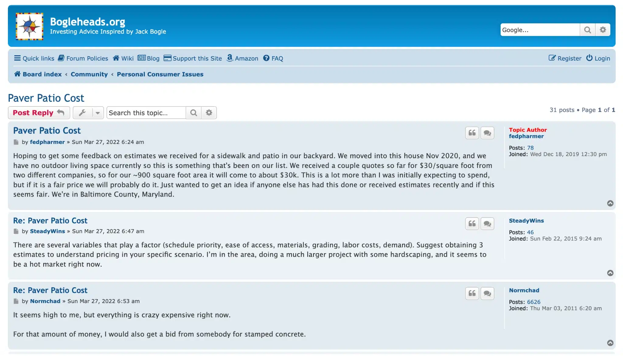 bogleheads forum thread showing homeowner discussion about paver patio cost quotes and contractor estimates