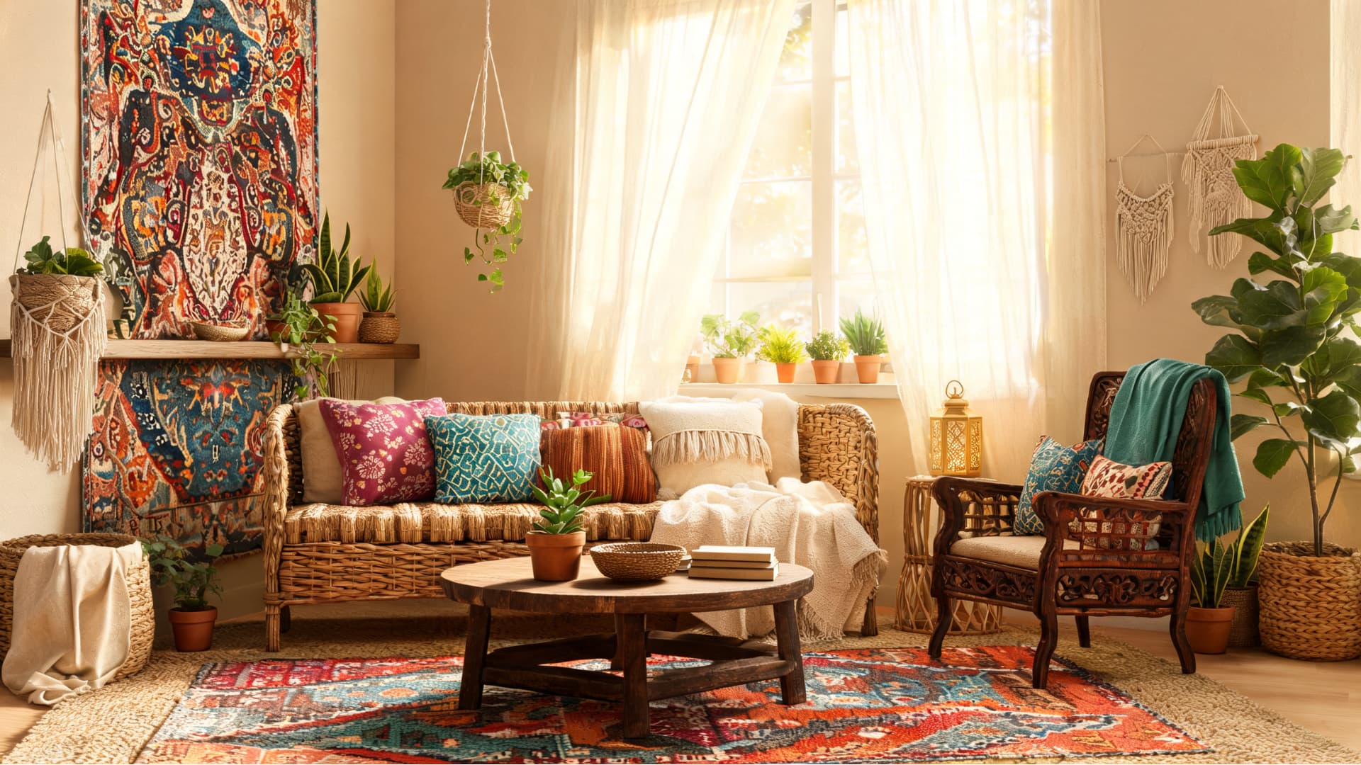 bohemian living room with layered rugs, wicker furniture, bold textiles, plants, macrame, and warm sunlight