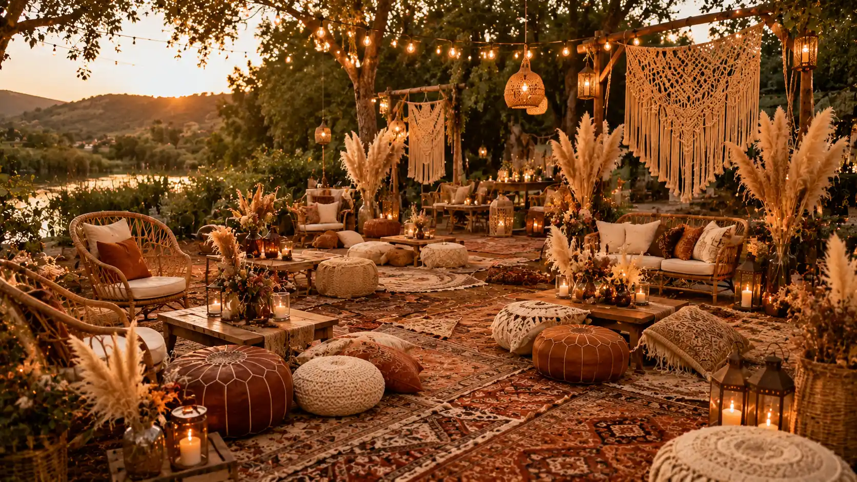 boho outdoor wedding with patterned rugs, poufs, low wooden tables, macrame hangings, lanterns, outdoor wedding ideas