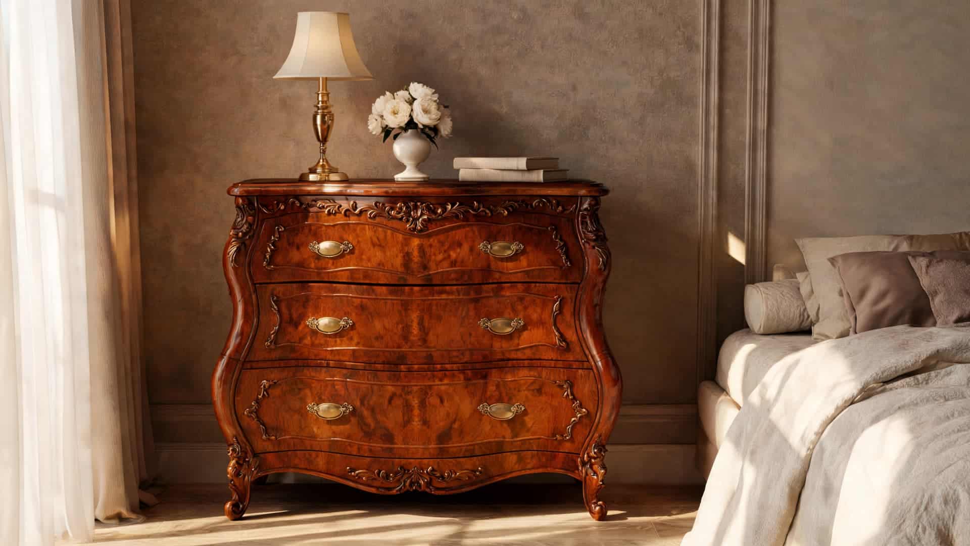 ornate wooden bombe dresser with curved drawers carved detailing and brass handles in a luxurious traditional bedroom with warm sunlight and elegant decor