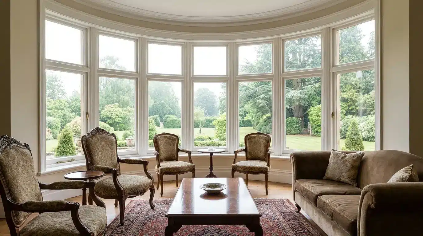bow window with curved glass panels adding light and character to a sitting room