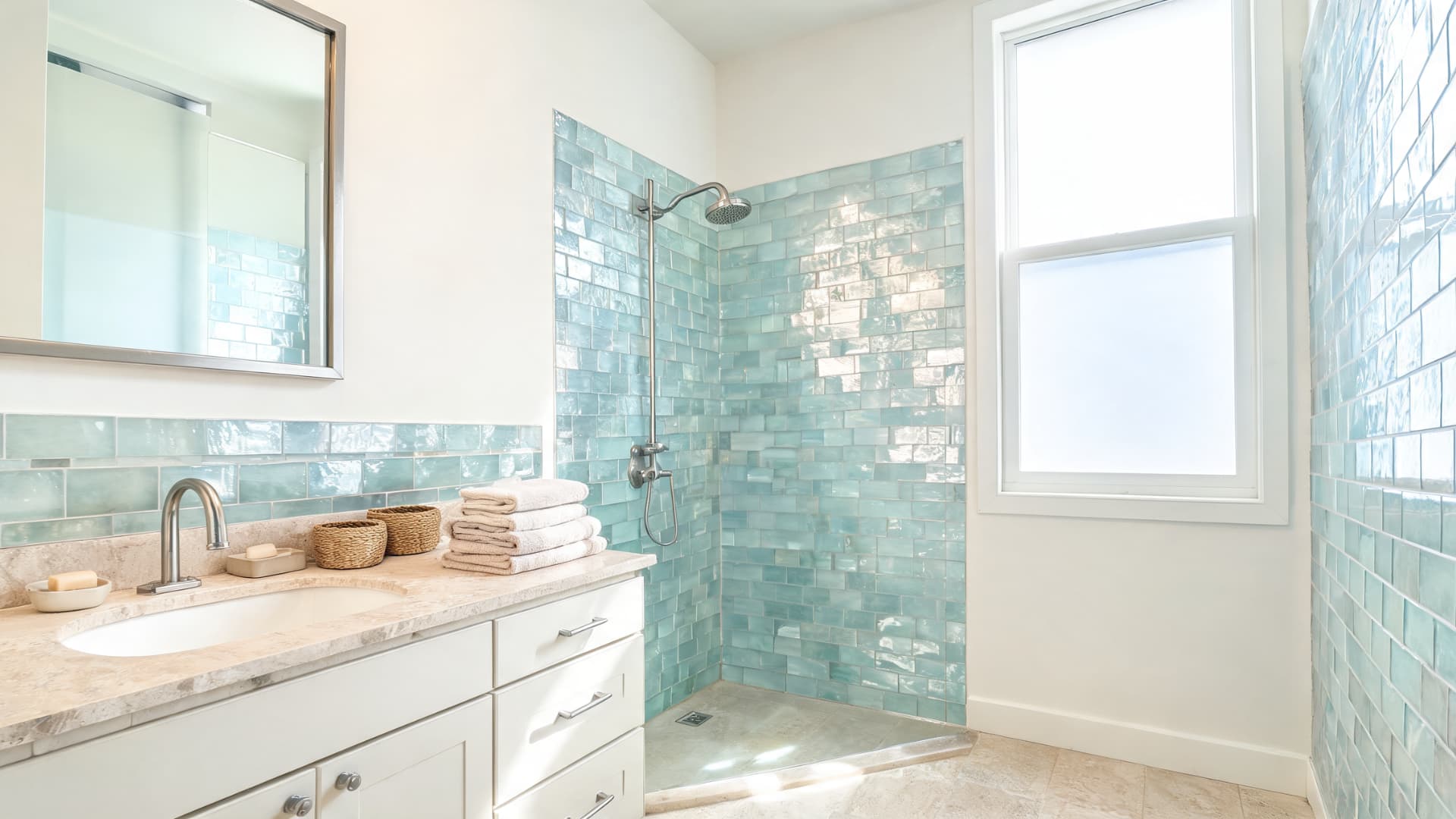 Bright bathroom with blue subway tile shower, white vanity, marble counter, and window