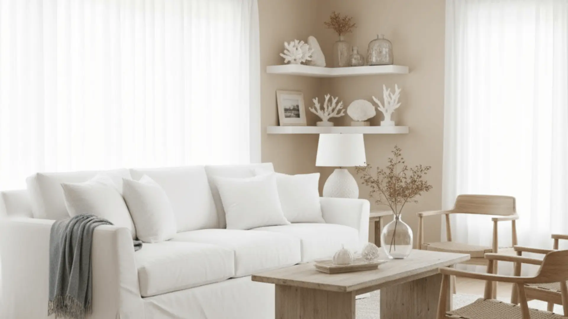 Bright coastal living room with white slipcovered sofa, driftwood coffee table, and shell-themed shelf decor
