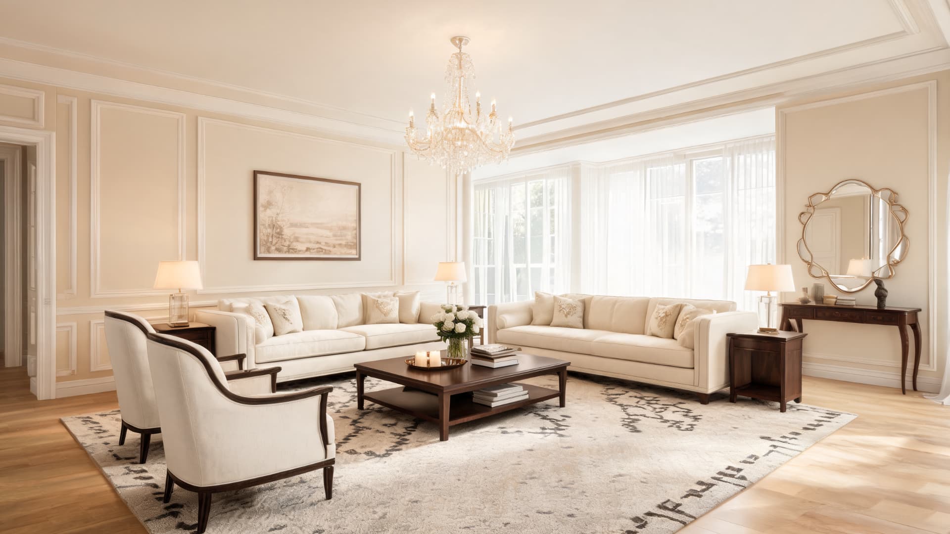 bright formal living room with two cream sofas armchairs a dark wooden coffee table chandelier and natural light through large windows