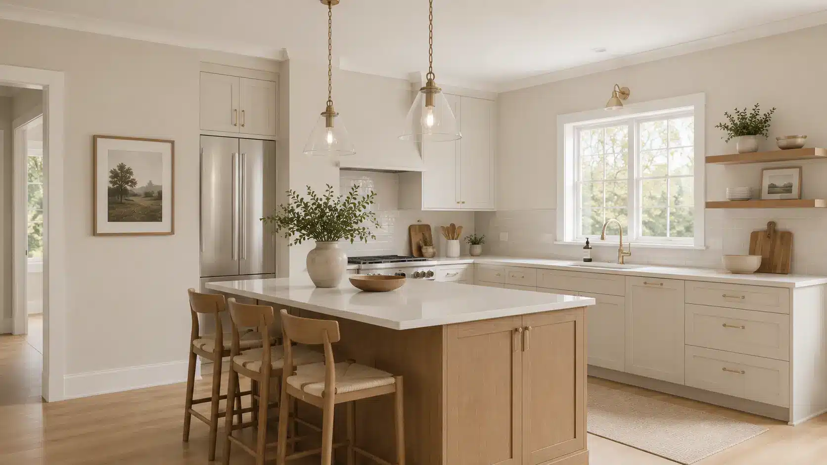 bright kitchen with pale oak walls white cabinets quartz counters brass hardware and oak stools