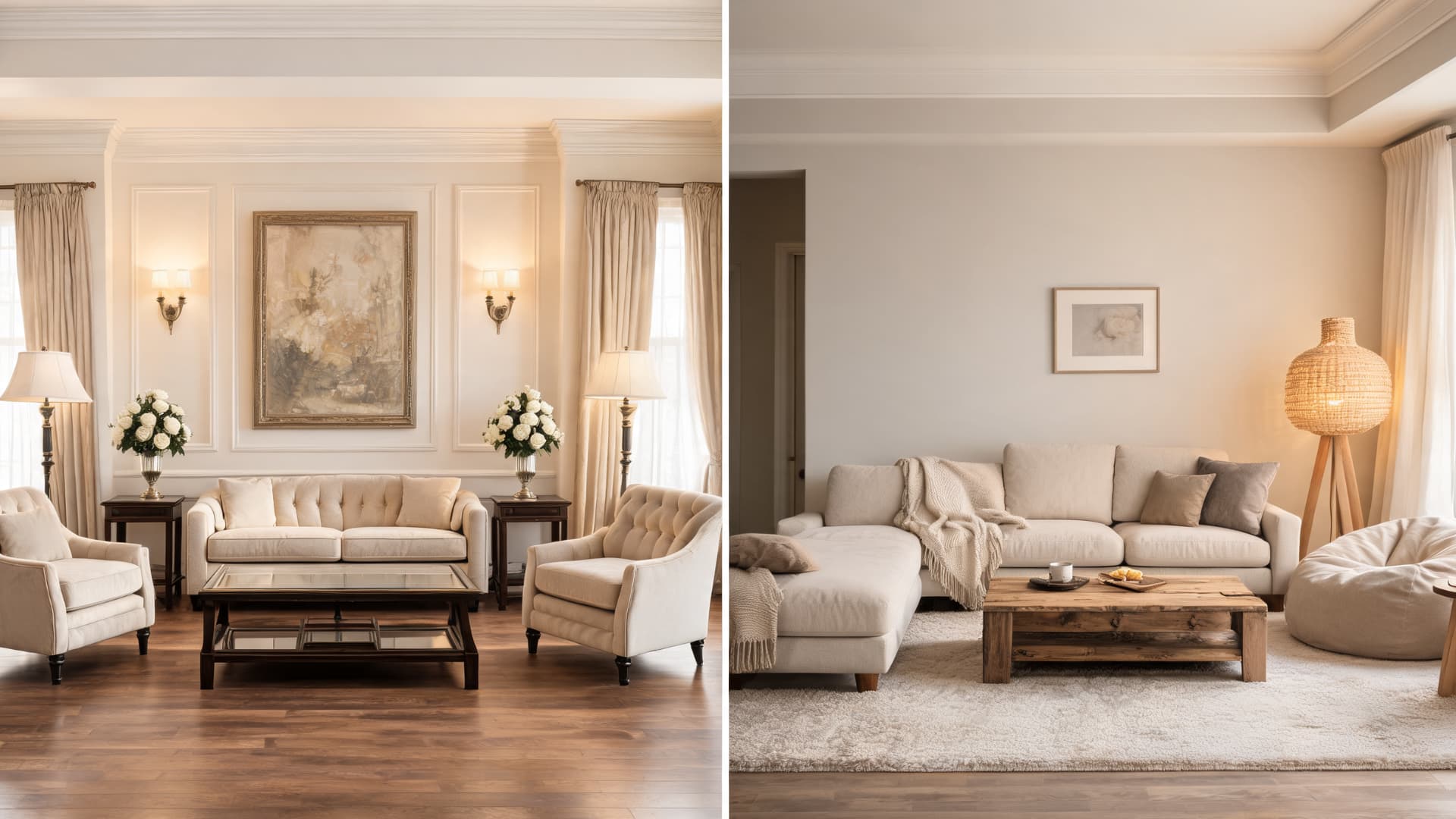 bright living room vs cozy family room with large windows soft neutral sofas wooden tables and natural light