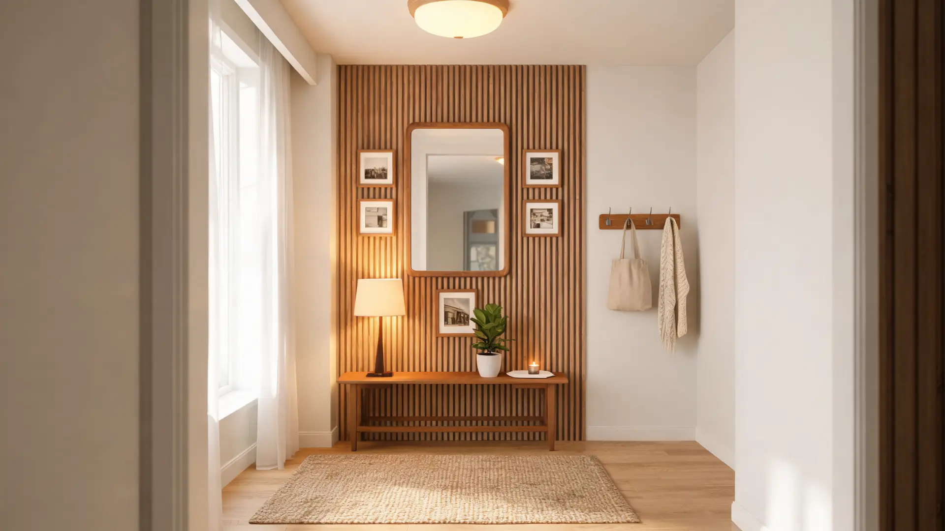bright entryway with an accent wall, console table, mirror, and warm lighting creating a welcoming first impression