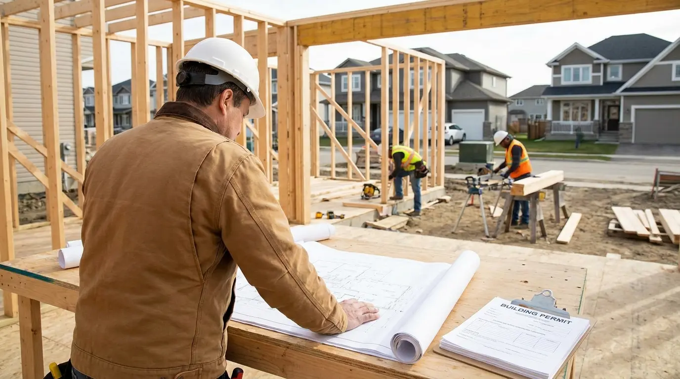 builder crew and permits on a suburban home site showing labor and local rules affecting costs