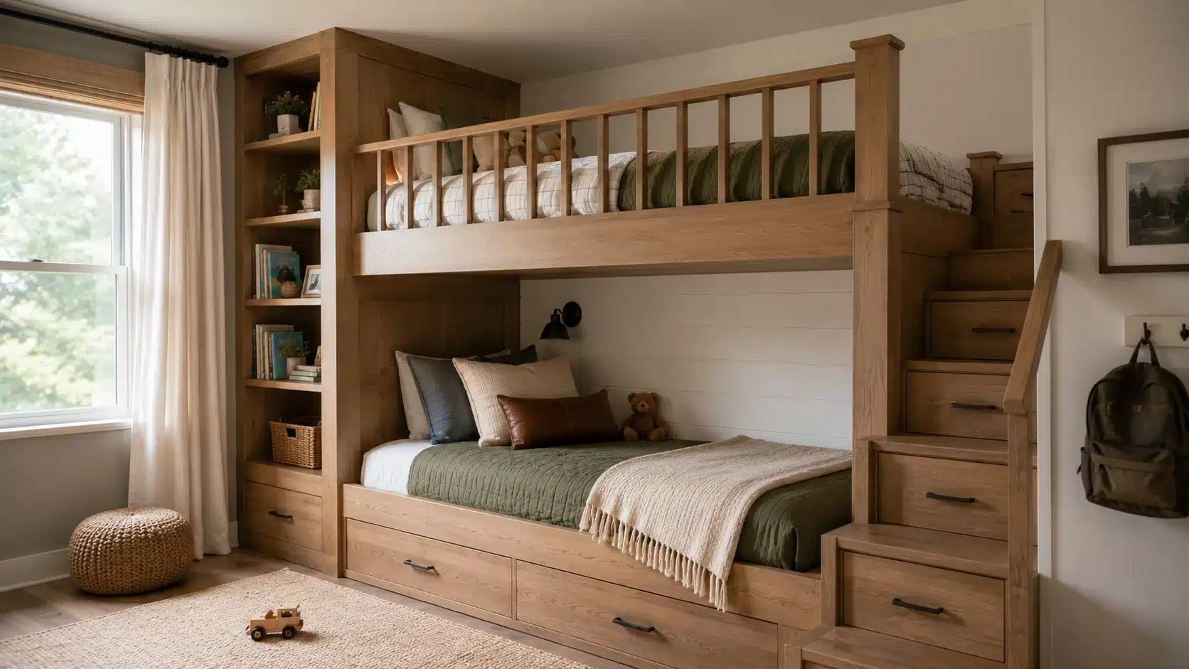 built-in bunk bed in a kids bedroom with storage ladder and finished carpentry details
