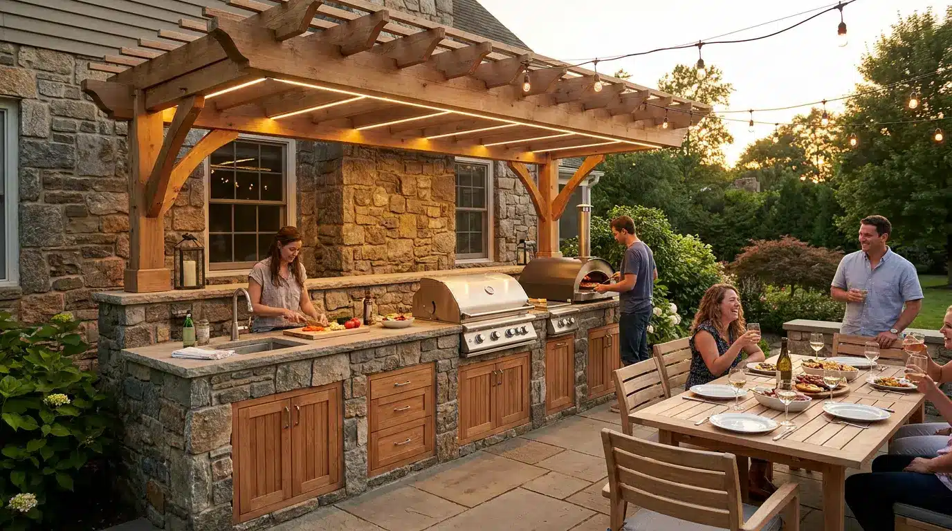 built in outdoor kitchen with grill counters and lighting set close to the home for easy meals outside