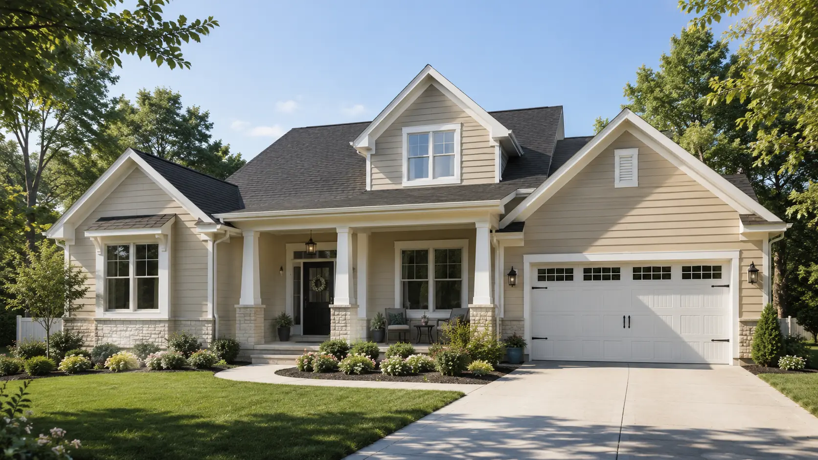 bungalow beige house exterior with white trim black roof stone accents and landscaped yard