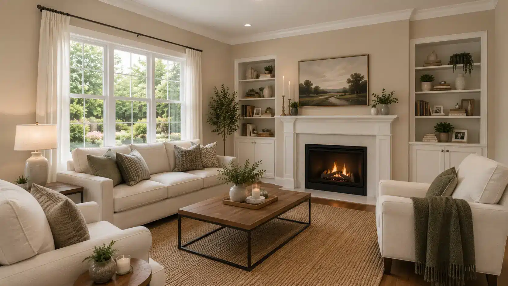 bungalow beige living room with cream seating white trim wood table and soft natural light