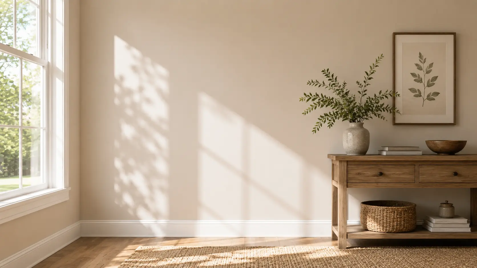 bungalow beige wall with soft sunlight window shadows wood table and greenery