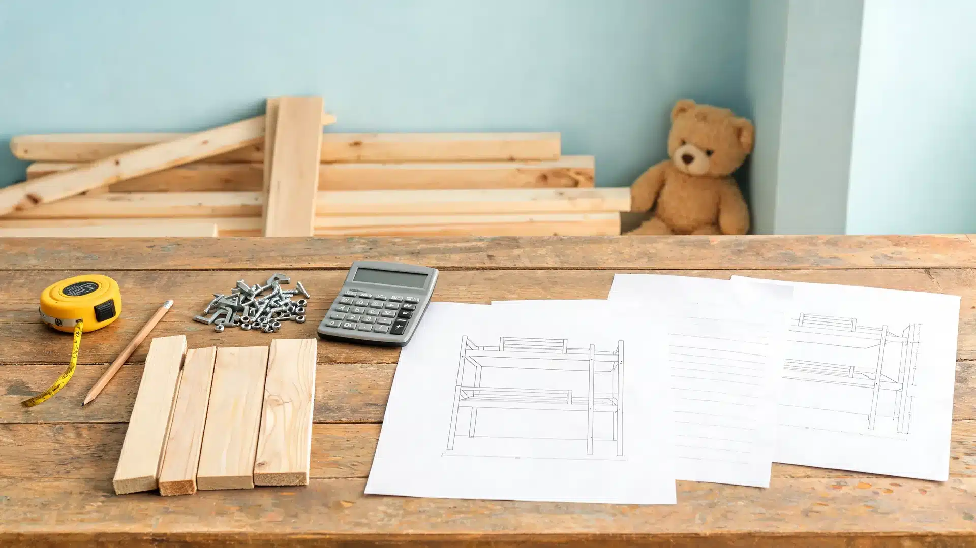 bunk bed planning table with wood samples hardware measuring tape and unreadable plan sheets