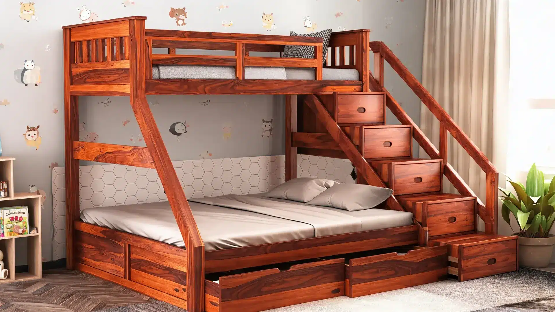 bunk bed with stairs and storage drawers in a practical custom kids bedroom layout