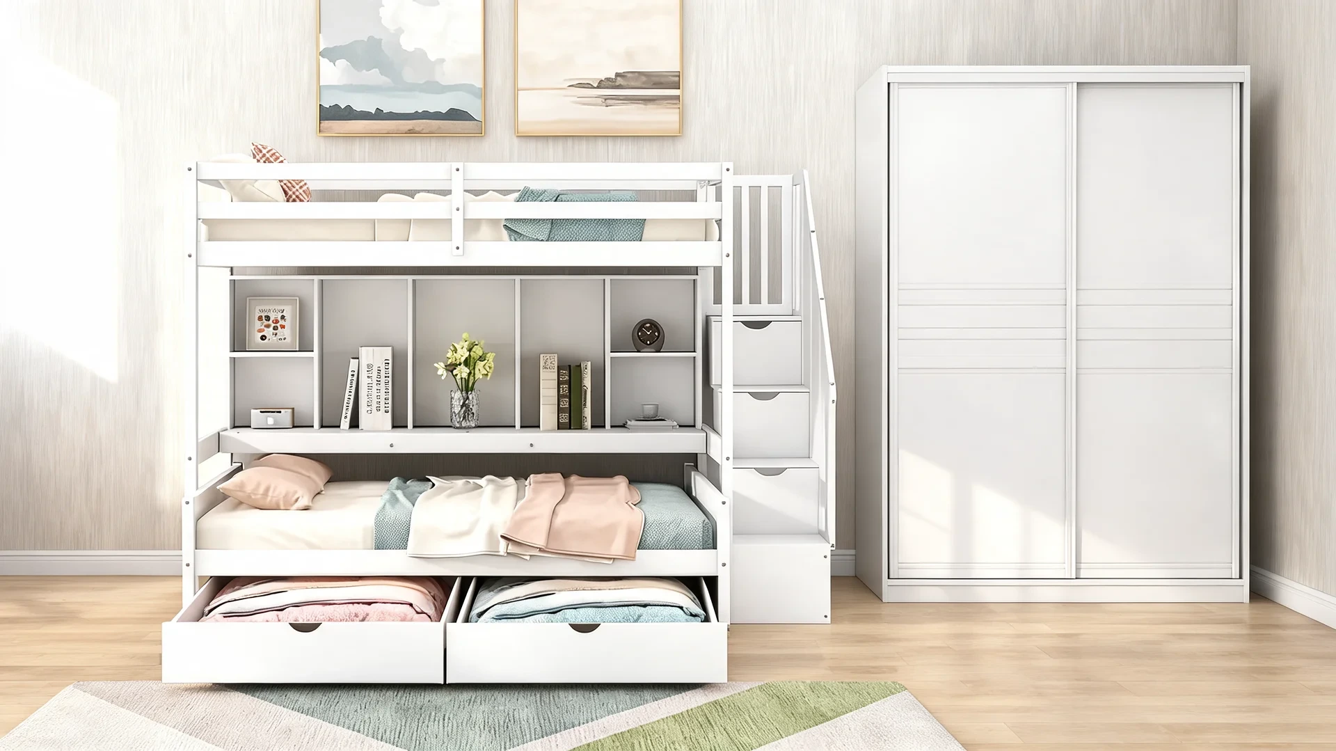 bunk bed with under bed storage drawers in a small bedroom with clear floor space