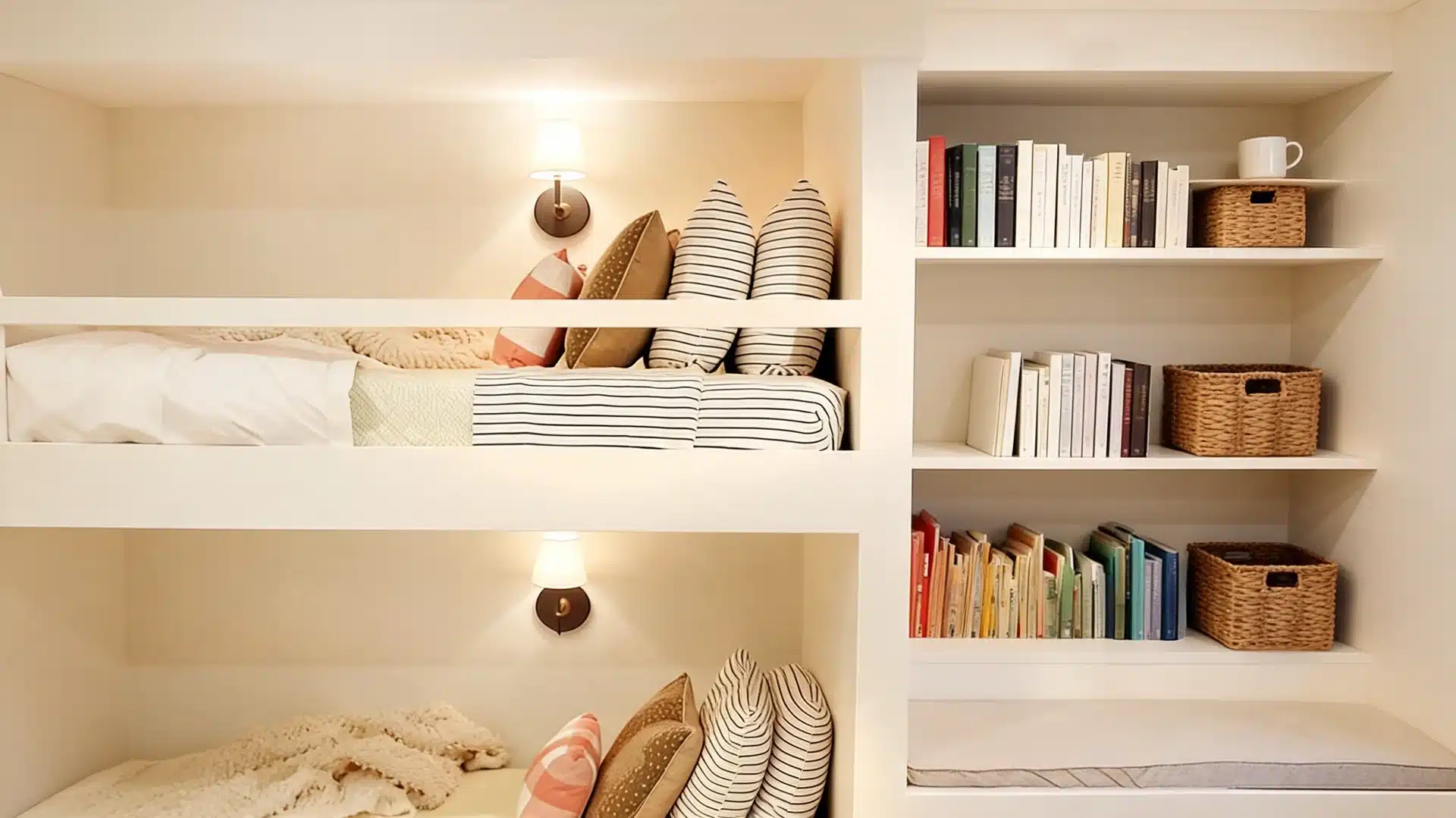bunk beds with built in shelves beside each mattress in a compact kids bedroom