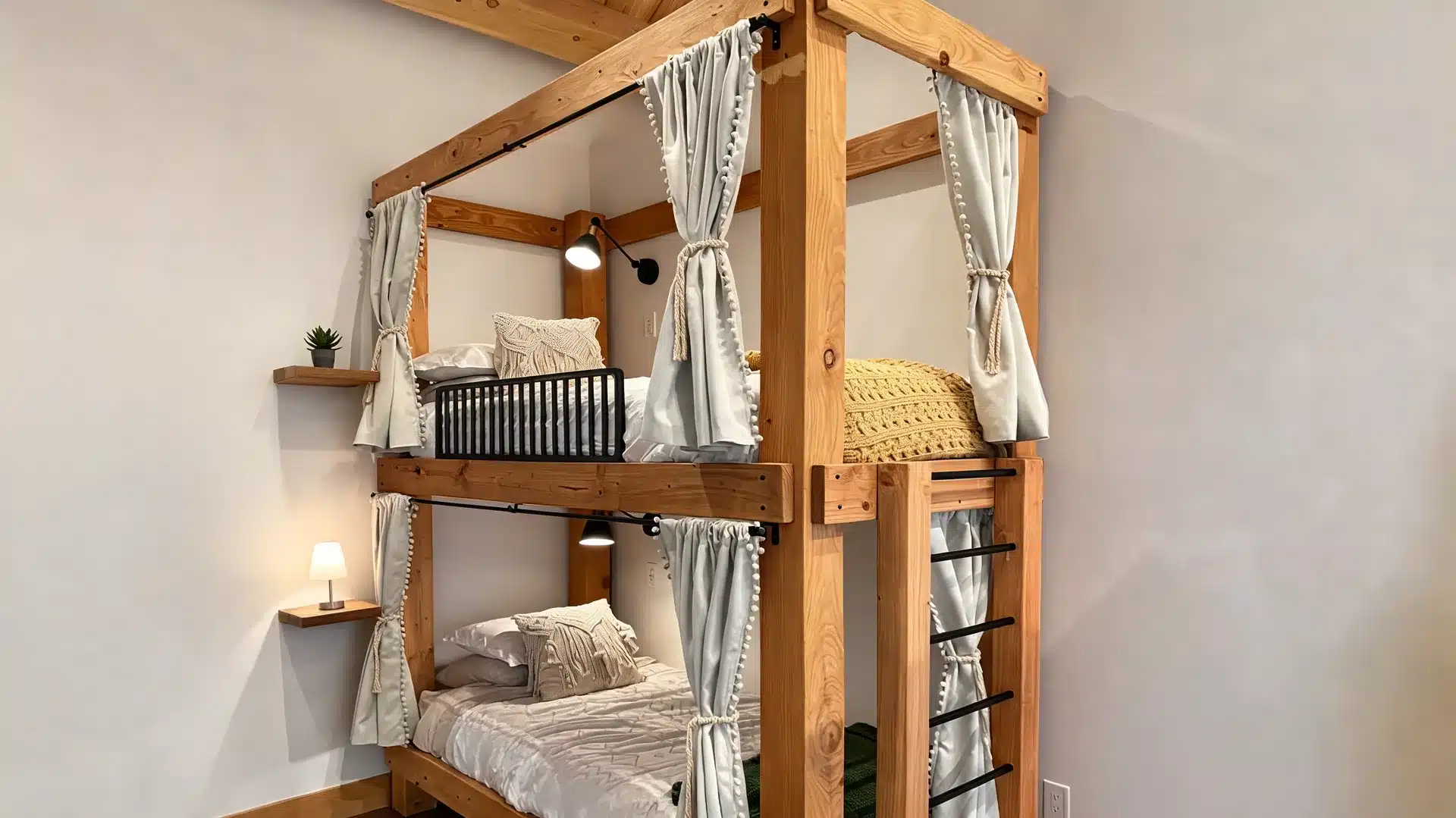 bunk beds with privacy curtains in a shared bedroom with simple bedding and soft light