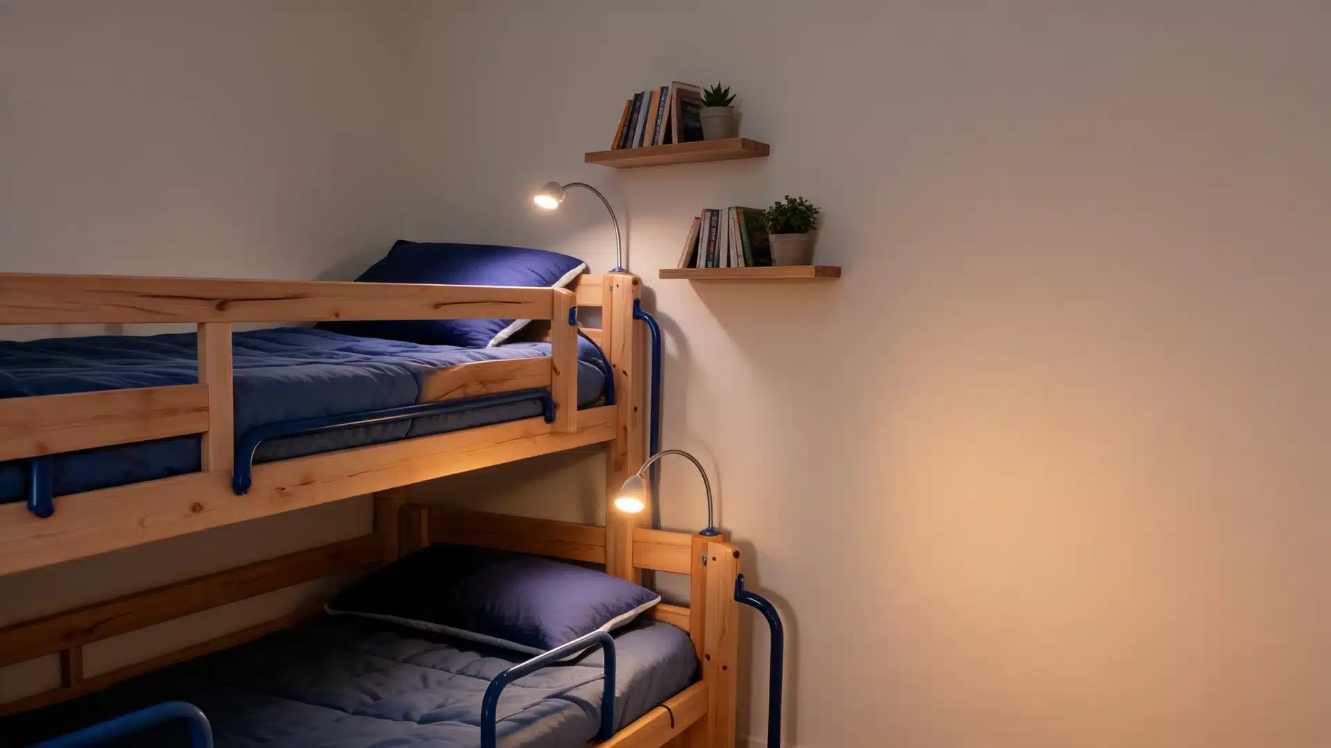 bunk beds with reading lights and small shelves in a cozy guest or older kids room