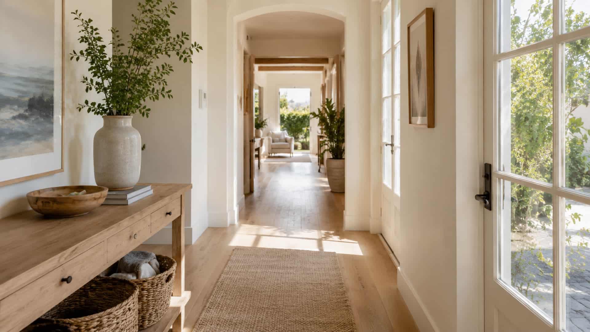 california coastal hallway with light wood console, woven baskets, neutral walls, plants, and bright garden views