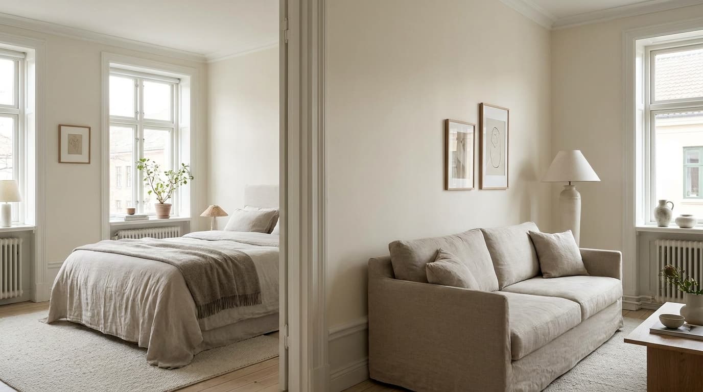 calm bedroom and living room with soft green walls showing eggshell and satin sheen