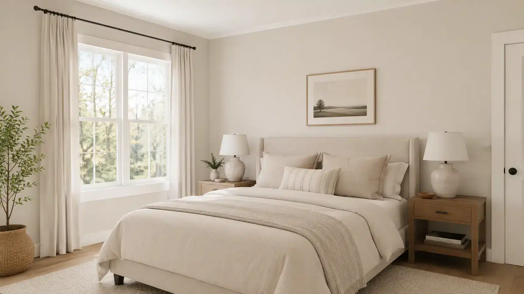 calm bedroom with pale oak walls cream bed white bedding warm lamps and wood nightstands