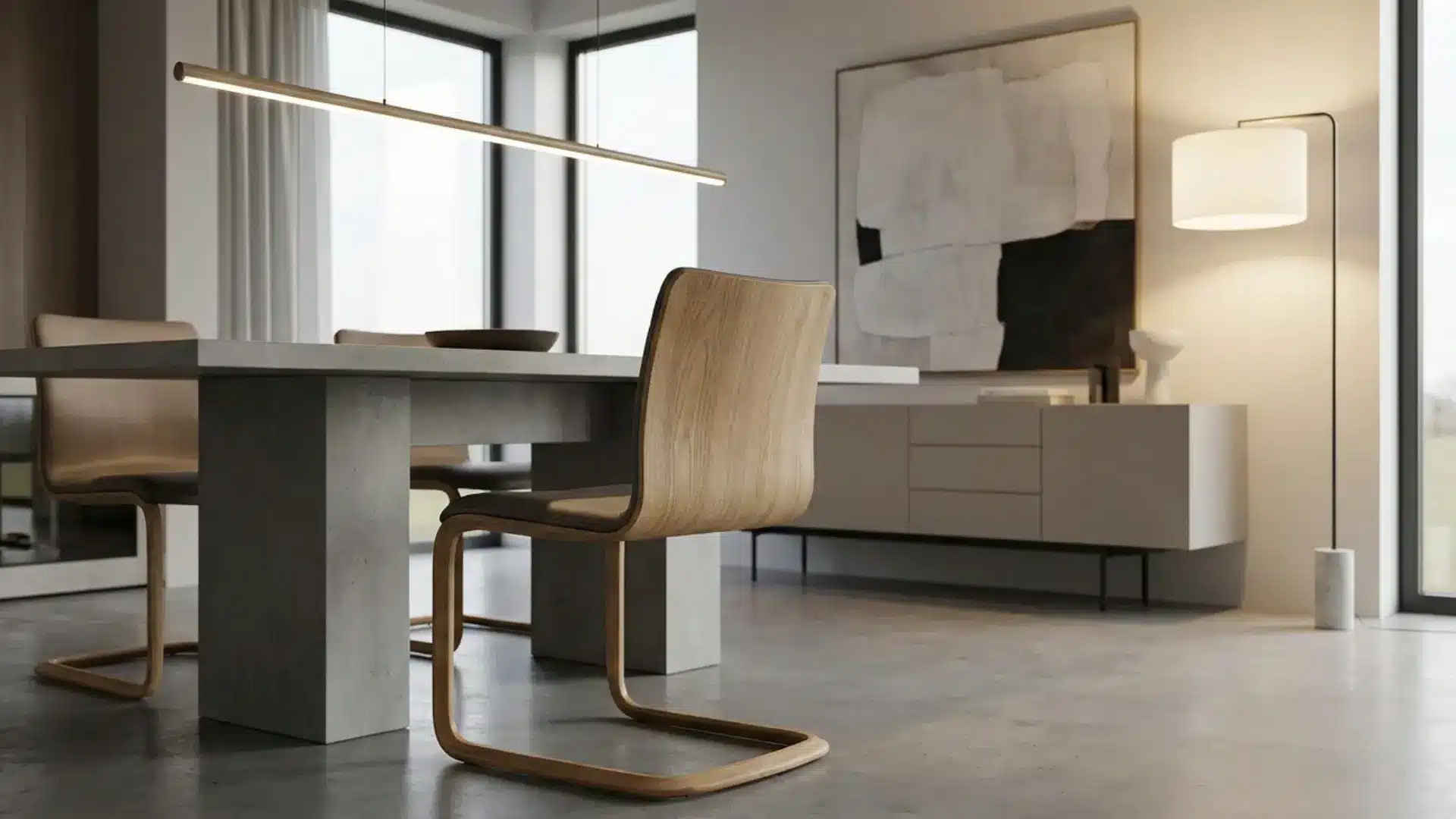 cantilever dining chair with floating frame in modern dining room with sleek minimalist contemporary style