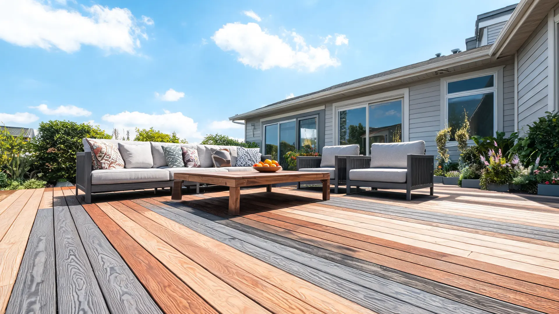 capped composite deck with wood-like finish showing multiple colors and grains, outdoor furniture in sunlight