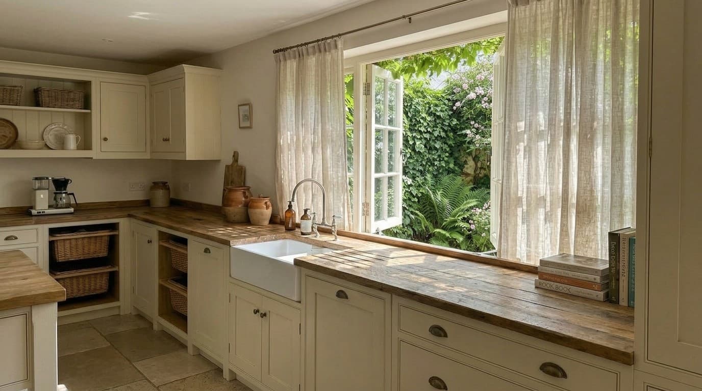 casement window opened outward in a modern kitchen with sunlight and fresh airflow