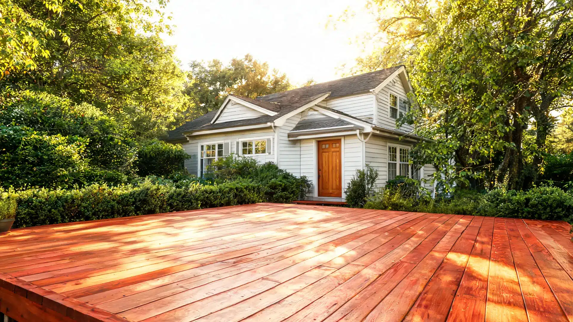 cedar wood deck with reddish natural tones in a backyard surrounded by plants and sunlight