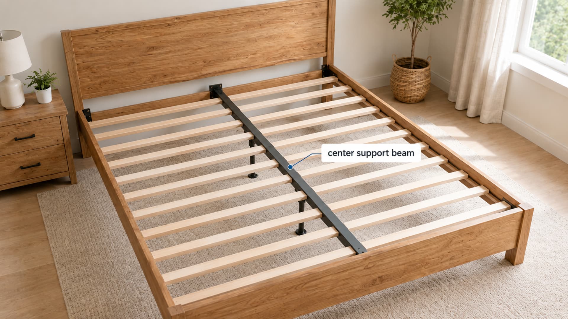 wooden bed frame with center support beam labeled under slats in a bright neutral bedroom