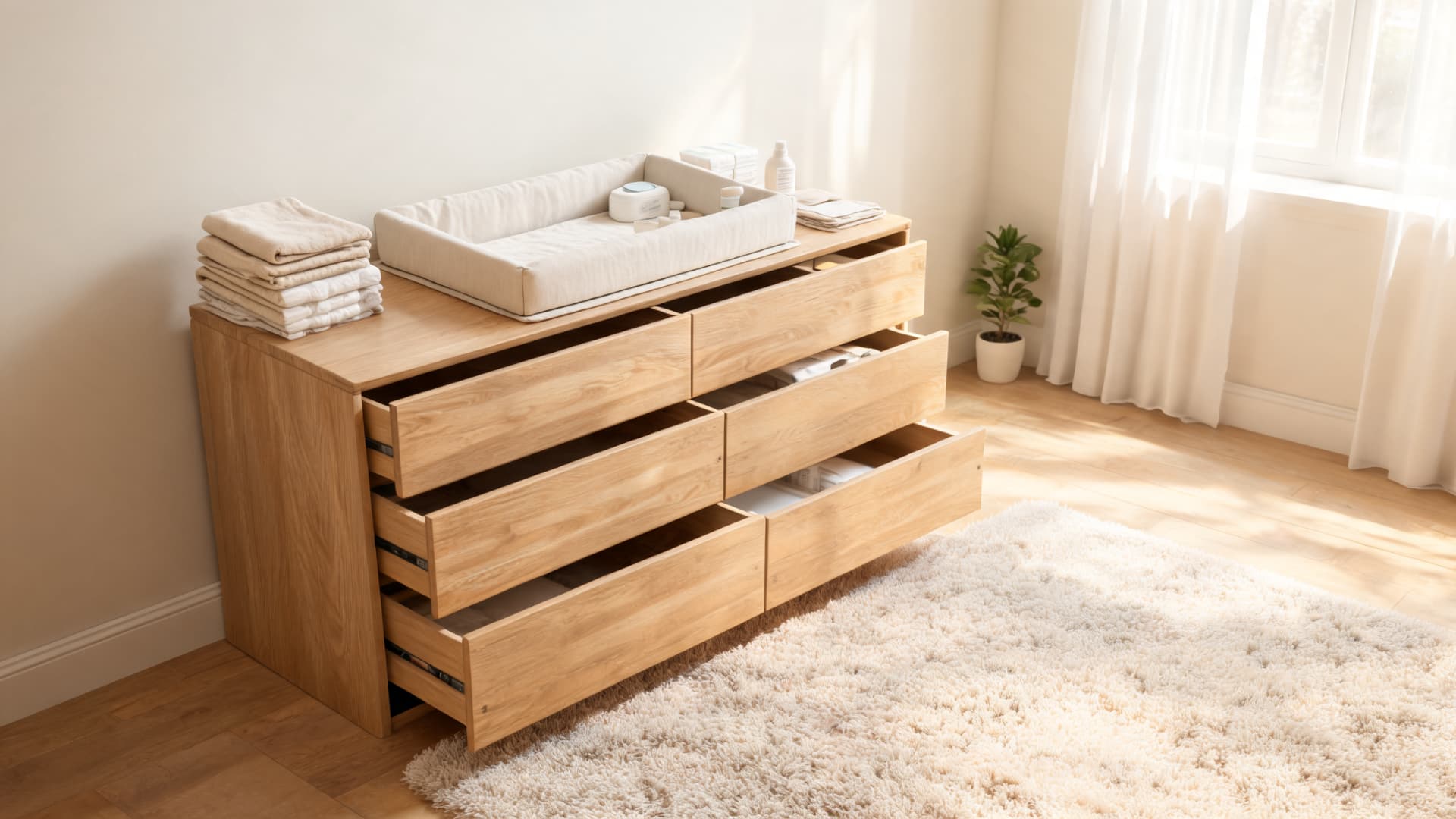 light wood changing table dresser with open drawers in a soft minimalist nursery bedroom interior