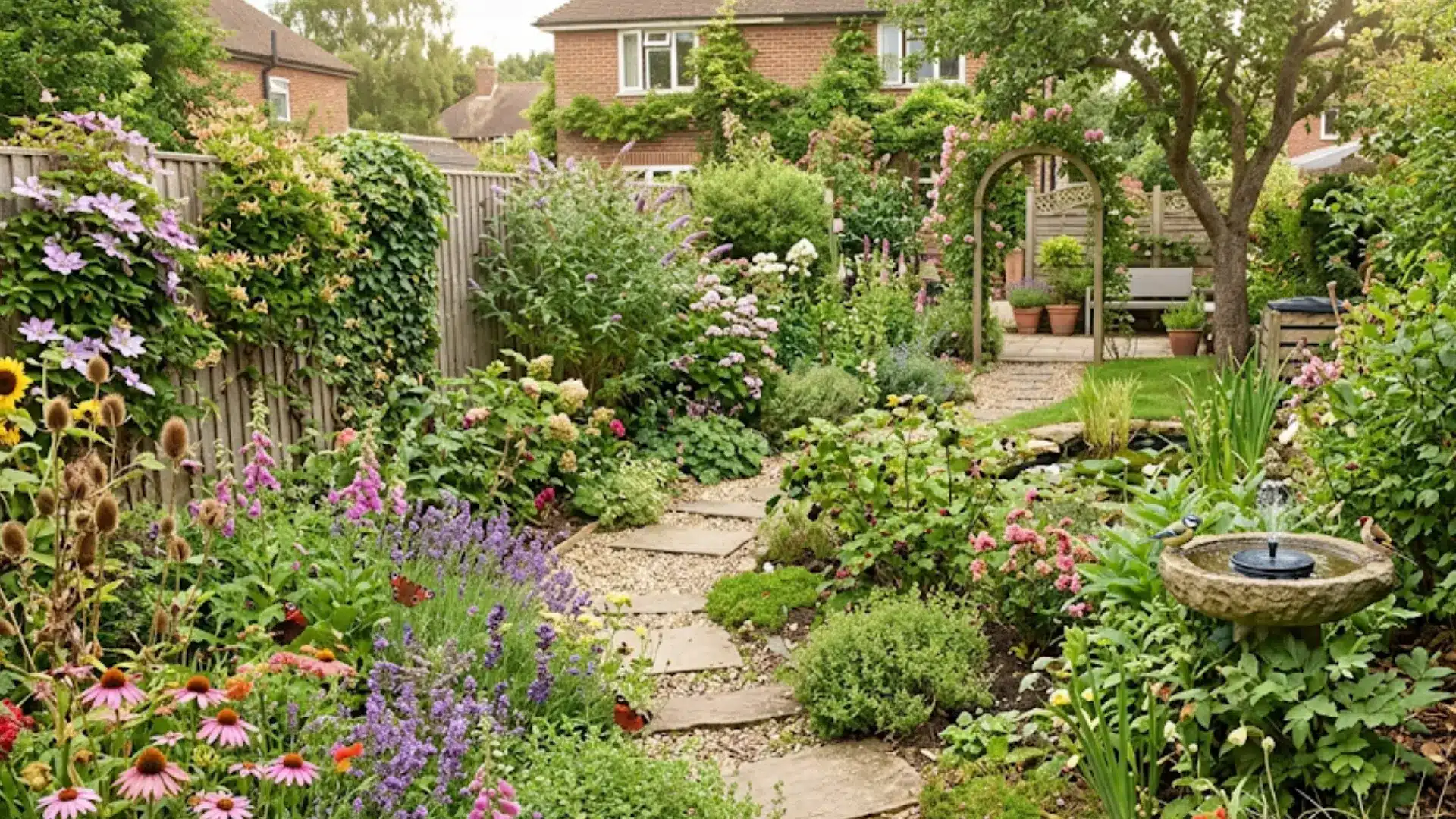 charming, wildlife-friendly English cottage garden featuring a stone path, bird bath, small pond, bug hotel, and abundant flowering plants like purple coneflowers and foxgloves