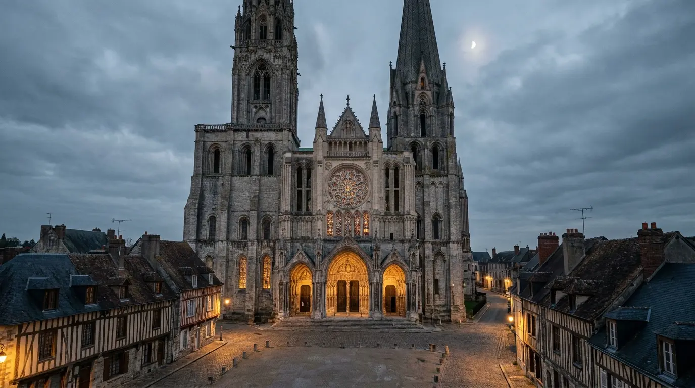 chartres cathedral exterior with gothic towers carved portals and glowing stained glass