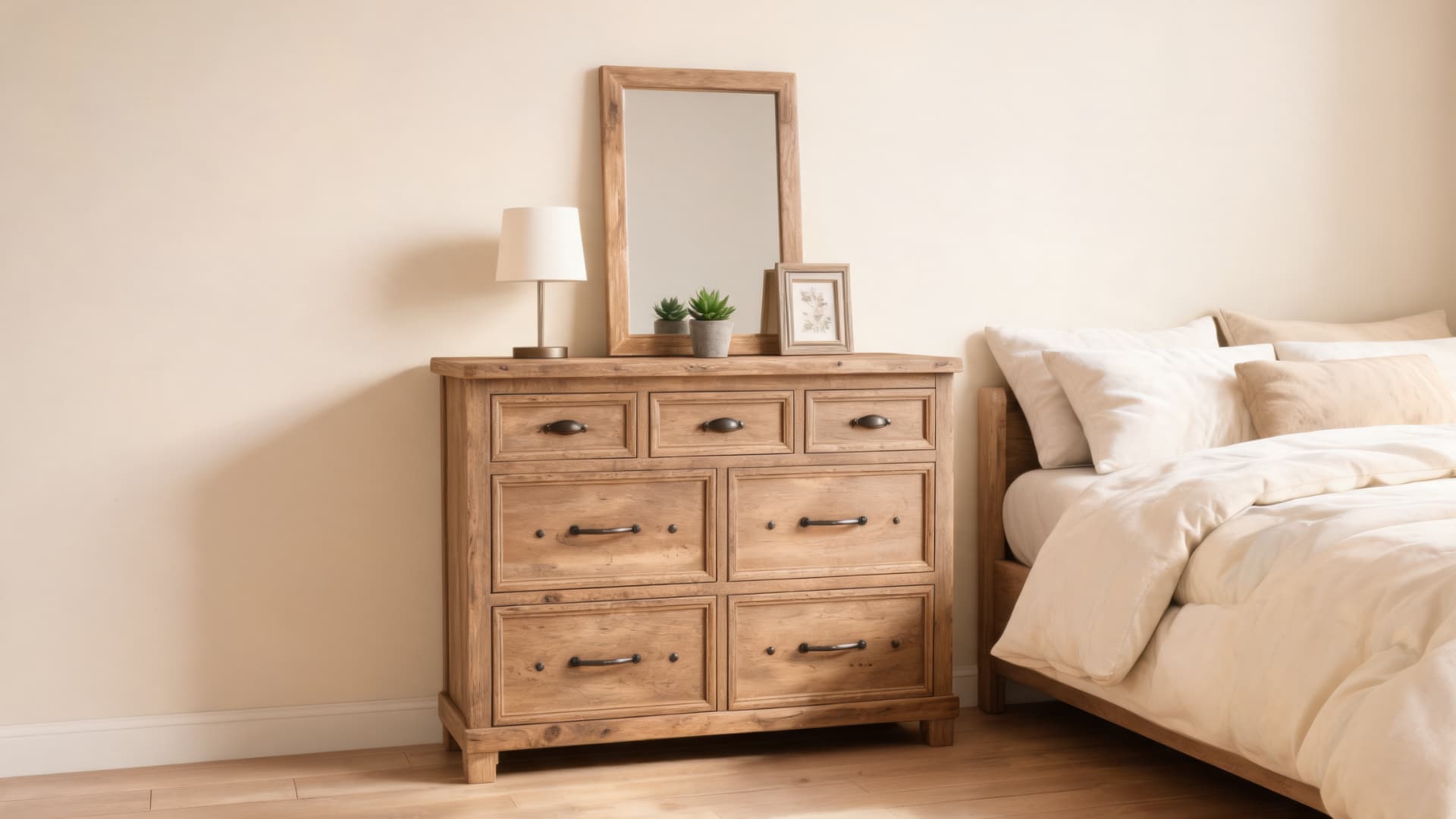 light wood chesser dresser with mirror beside a cozy bed in a warm minimalist bedroom interior