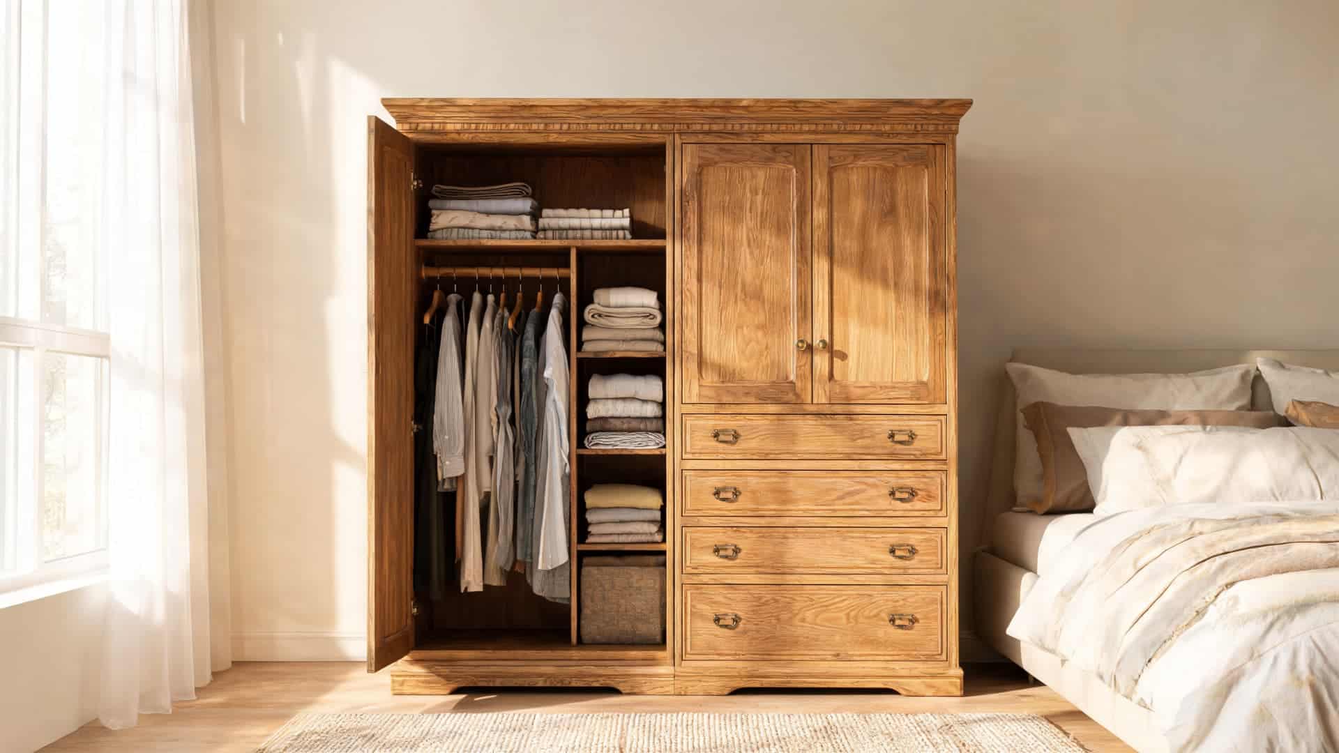 rustic wooden chifferobe with hanging storage drawers and shelves in a warm sunlit bedroom