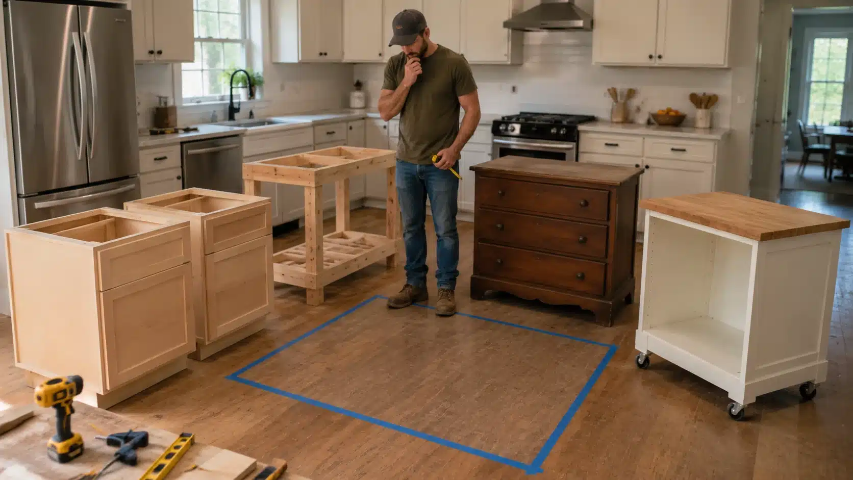 man planning diy kitchen island with multiple base options