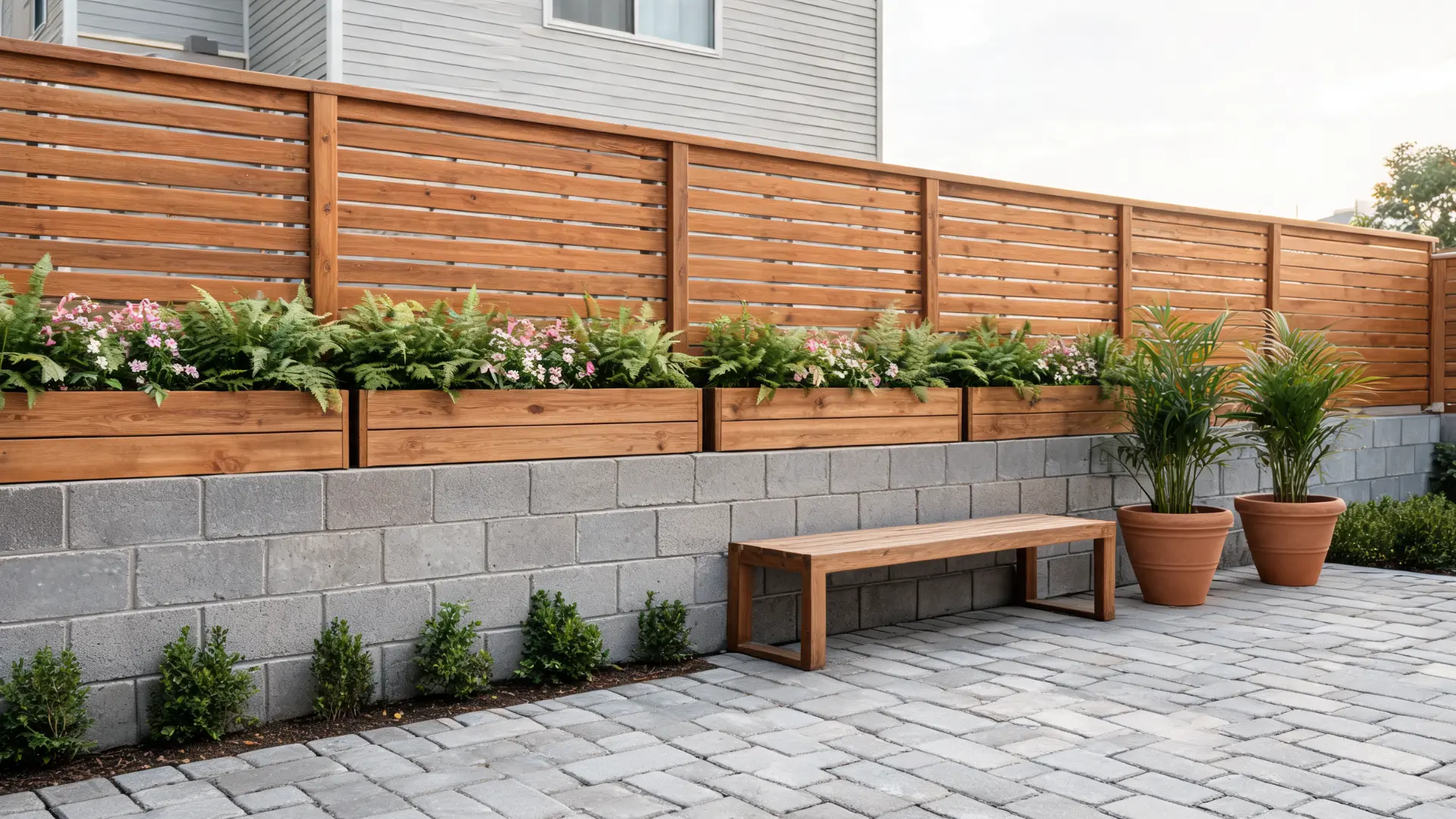 cinder block and wood fence with warm slats, planter boxes, and added privacy in a modern urban backyard