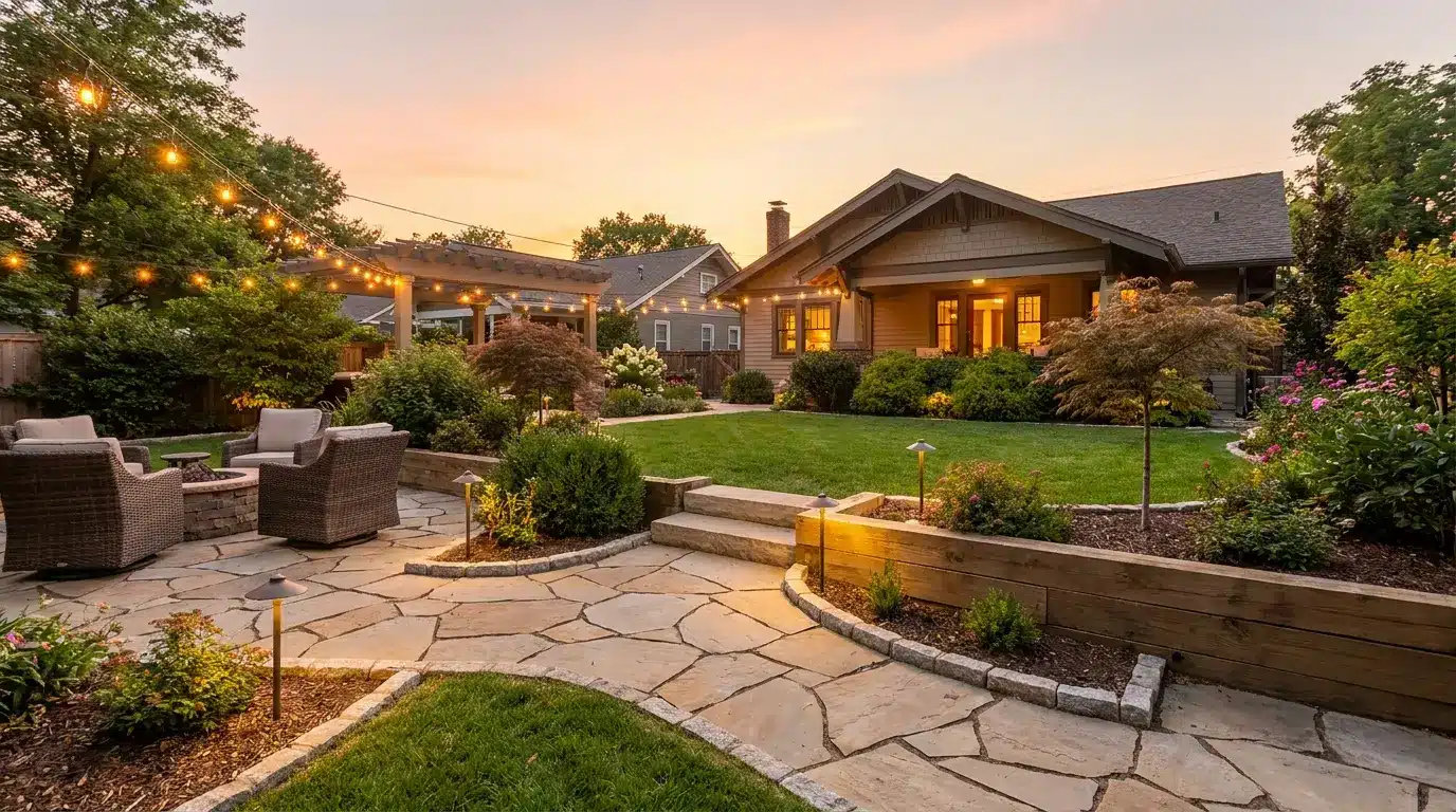 cinematic backyard with patio path plants and seating showing how hardscaping makes outdoor space useful today (2)