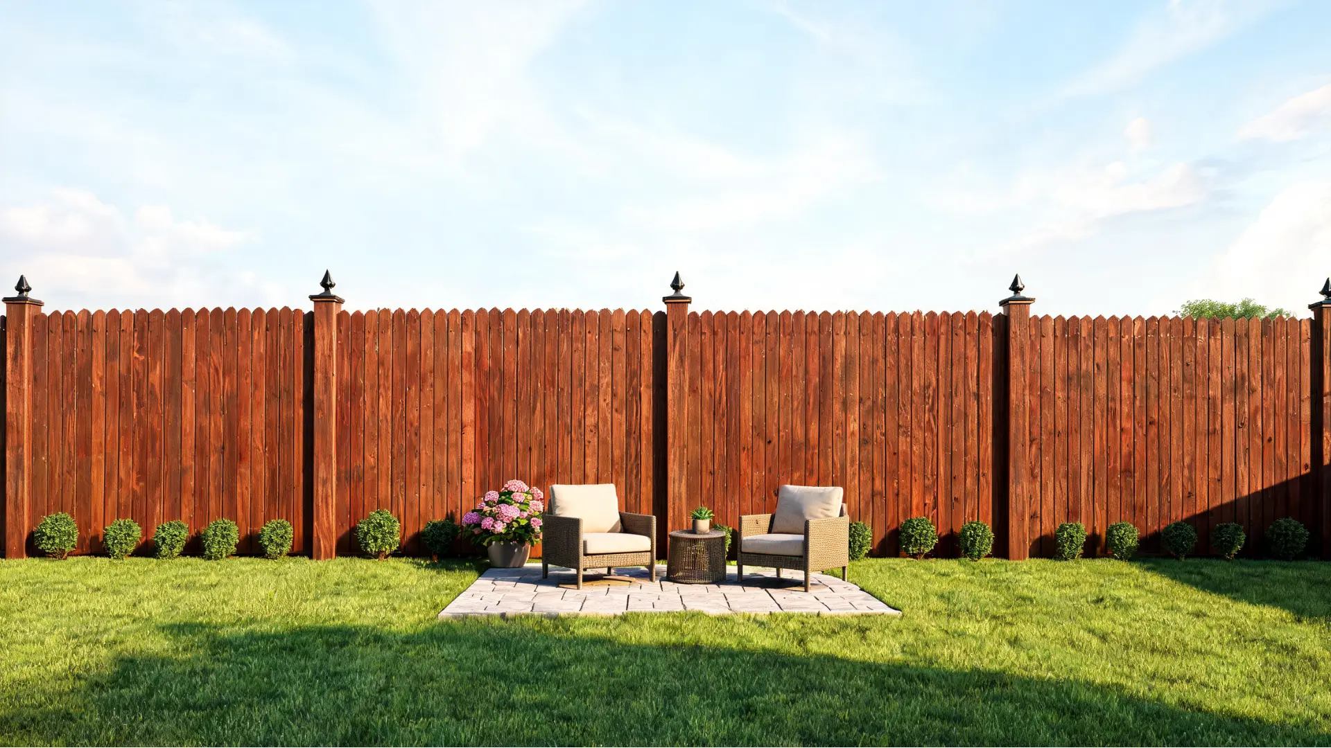 classic vertical wood privacy fence with close board spacing, backyard lawn, and a clean, polished finish