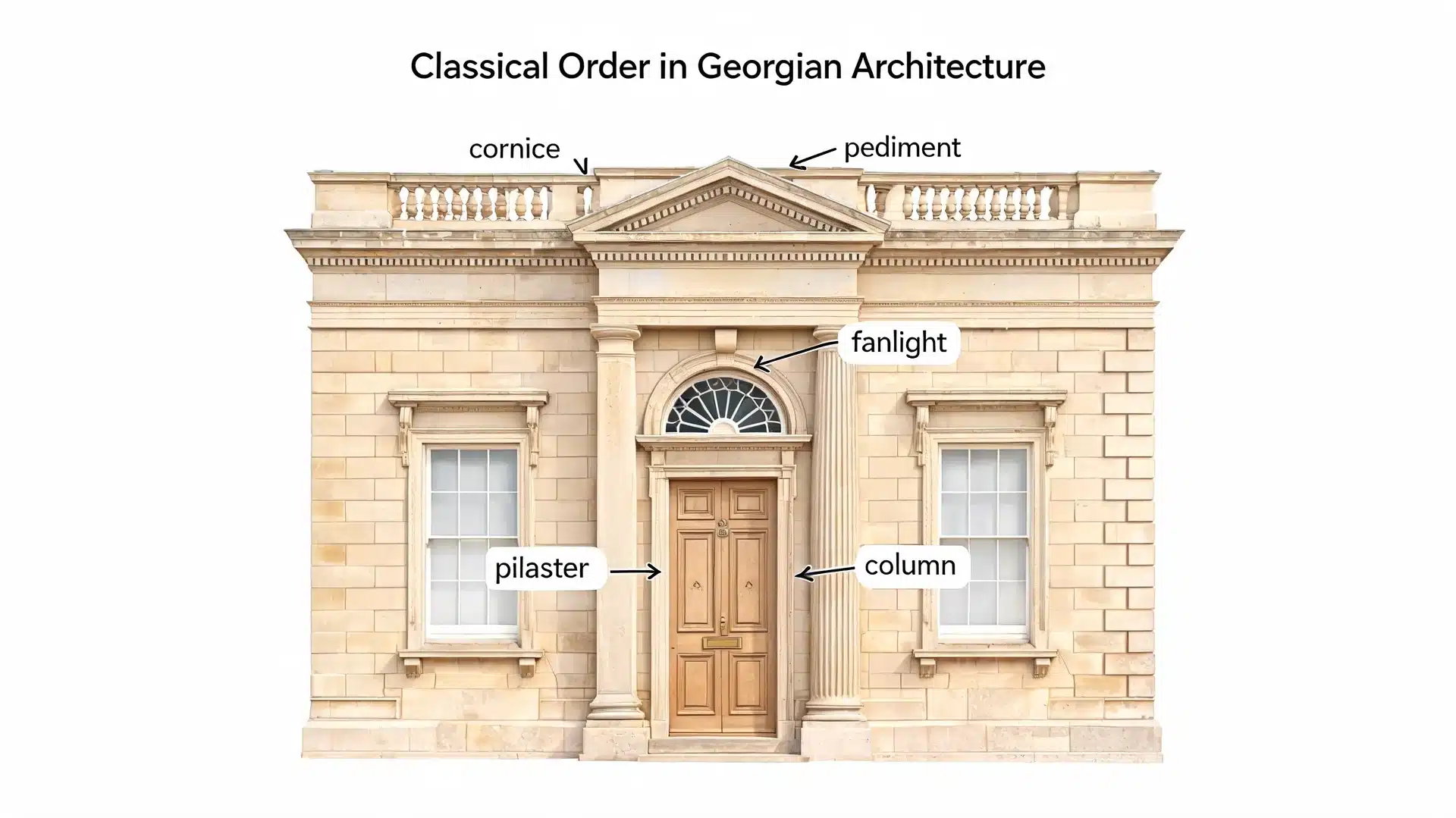 Classical order diagram in Georgian architecture labeling columns, pilasters, pediment, fanlight, and cornice around a formal entrance.