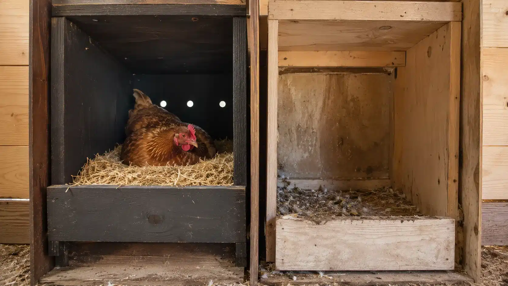 clean private nesting box being used by a hen beside an unused box with poor conditions